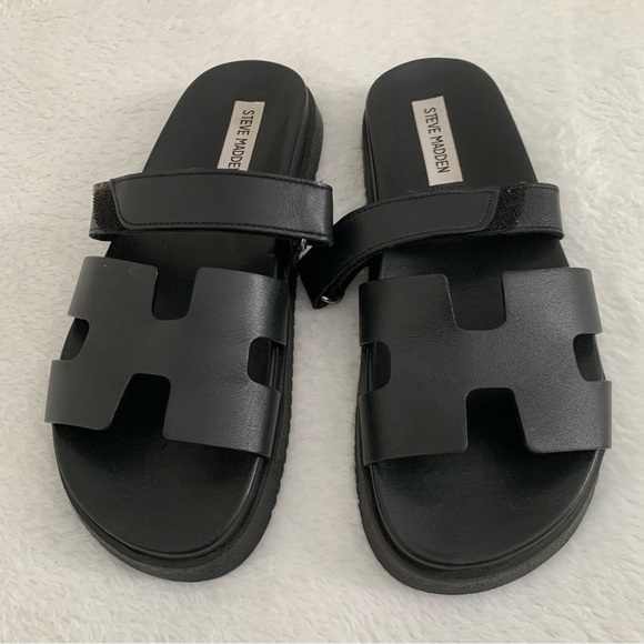 Women’s 8 STEVE MADDEN Mayven Black Leather H Flatform Luxe Slide Sandals - Picture 3 of 5